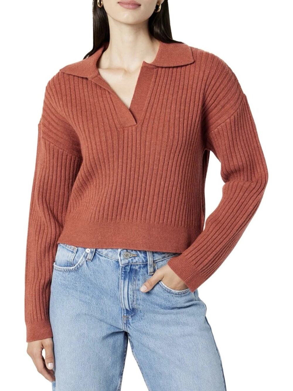 The Drop Women's Marcy Ribbed Polo Top Rust XL
